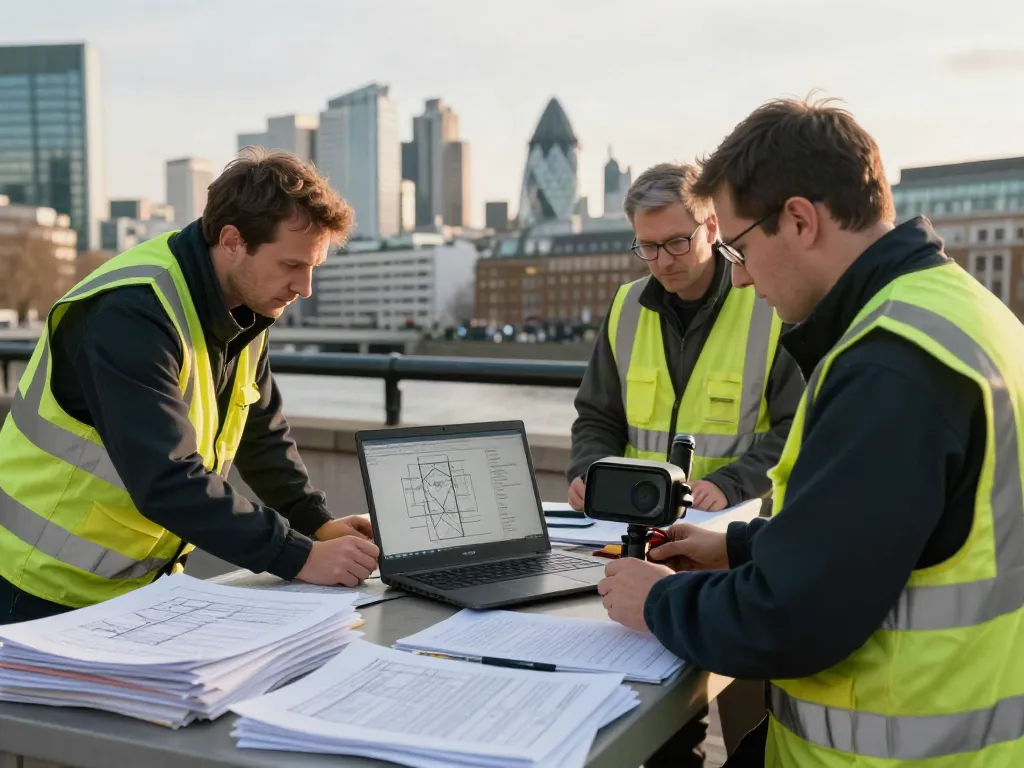 Utility Mapping London with professionals surveying underground services in a busy urban setting.