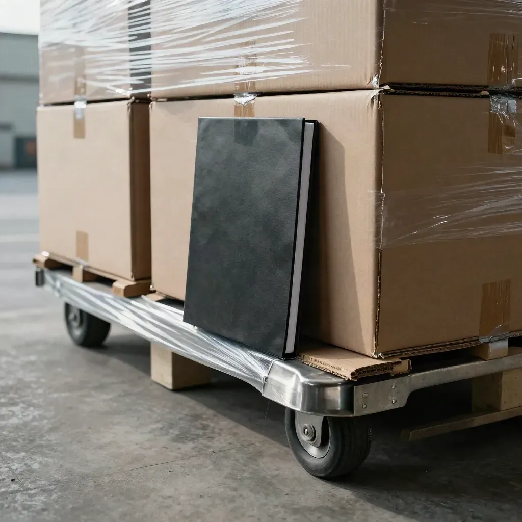 Stacked cartons, sealed legal folio and hand truck at a launch-ready loading bay in soft warehouse light.