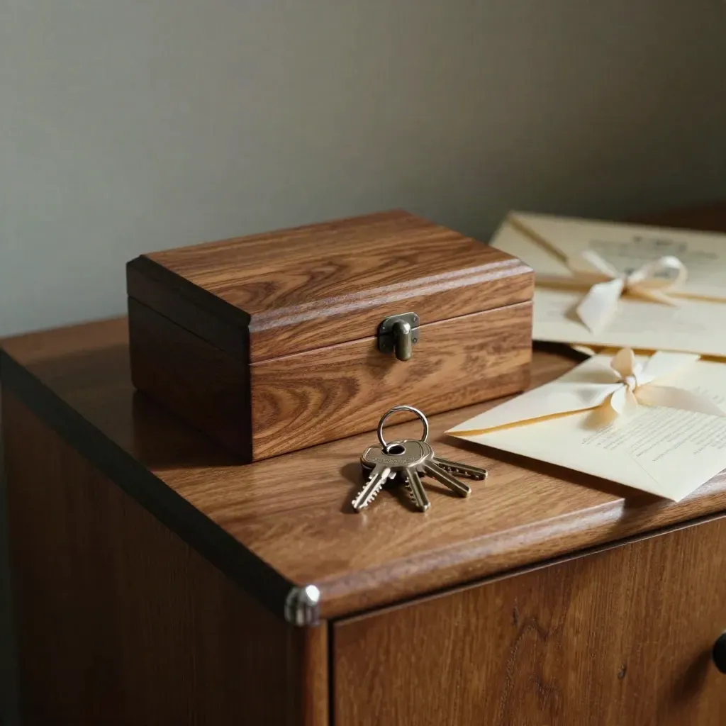 Cedar keepsake box, keys, and ribboned envelopes on a walnut sideboard in moody light