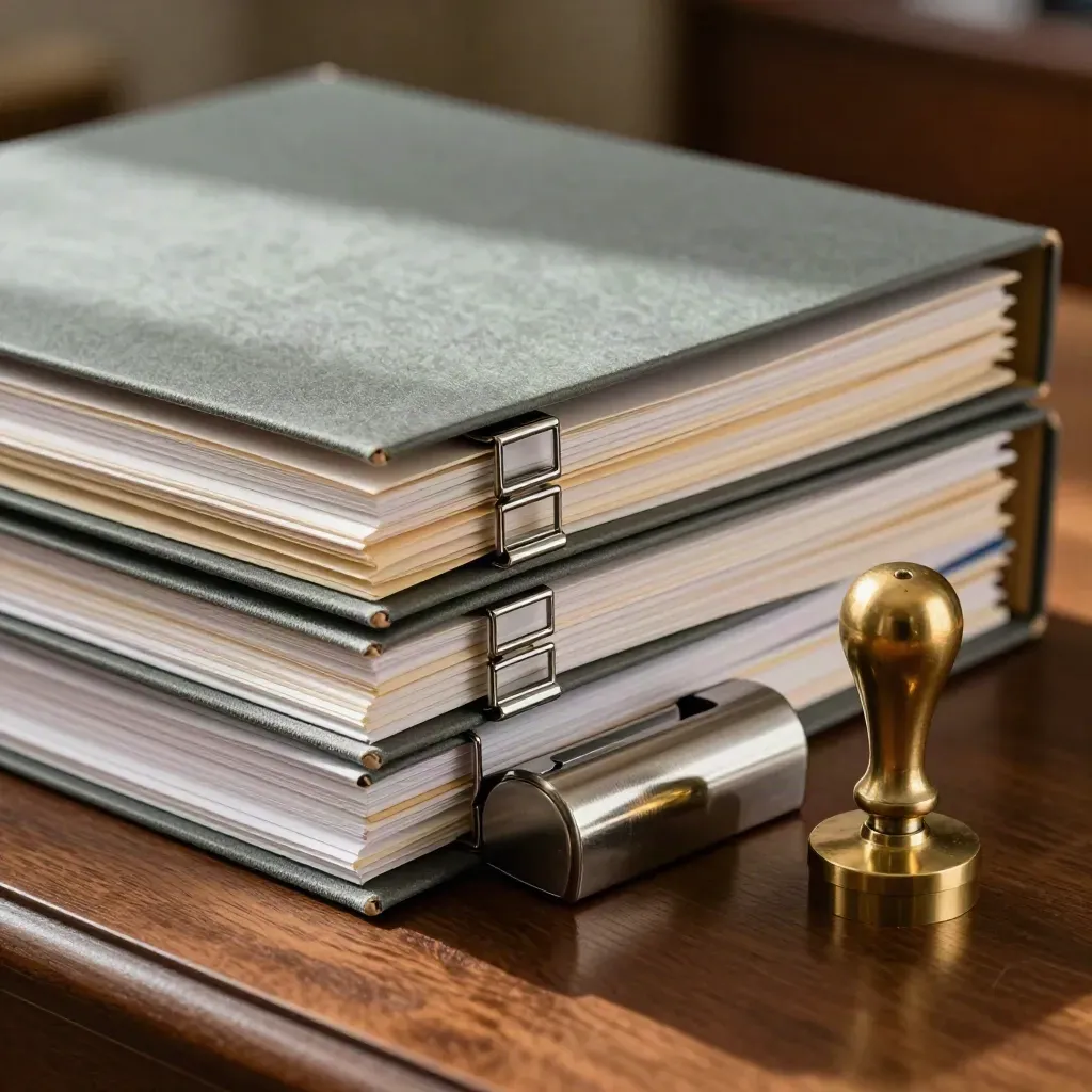 Stacked legal case files with steel paperweight and brass seal on walnut desk