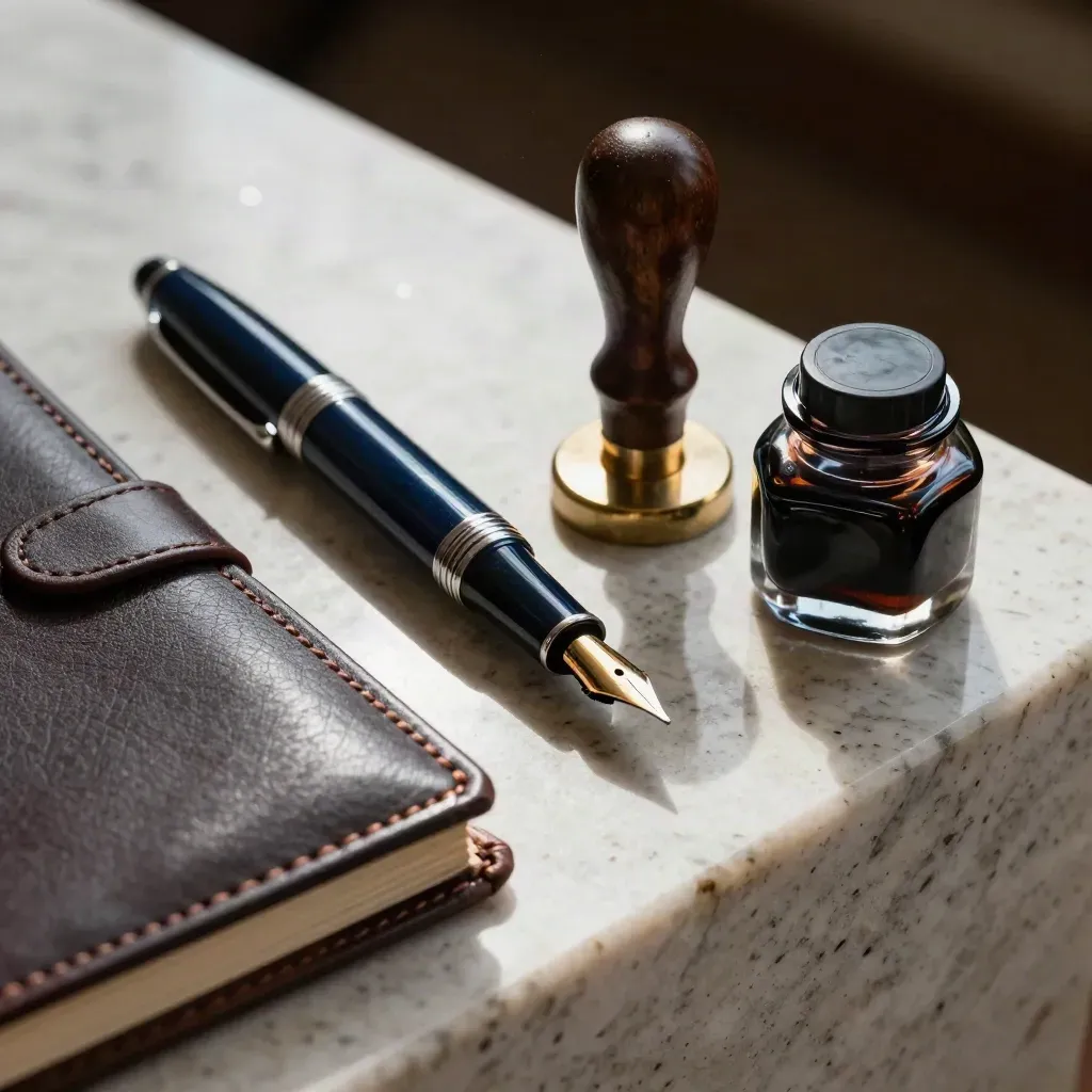 Gold-nib fountain pen, wax seal stamp and dark ledger on travertine in dramatic legal still life.