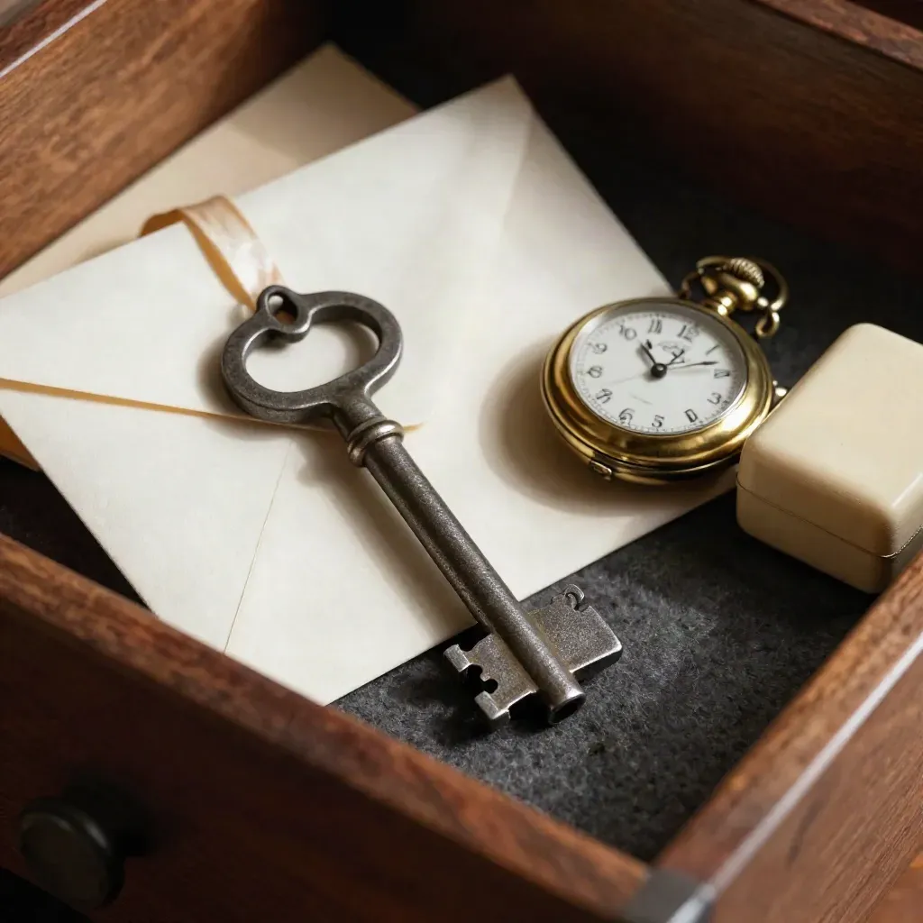Antique key, ribboned envelope, watch and keepsake box in dramatic probate still life.