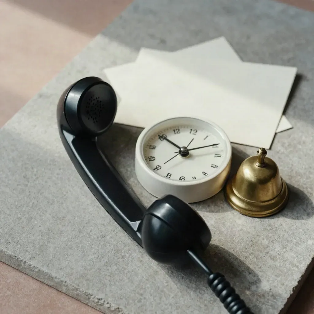 Black phone receiver, brass bell and minimal clock on pale stone with soft daylight