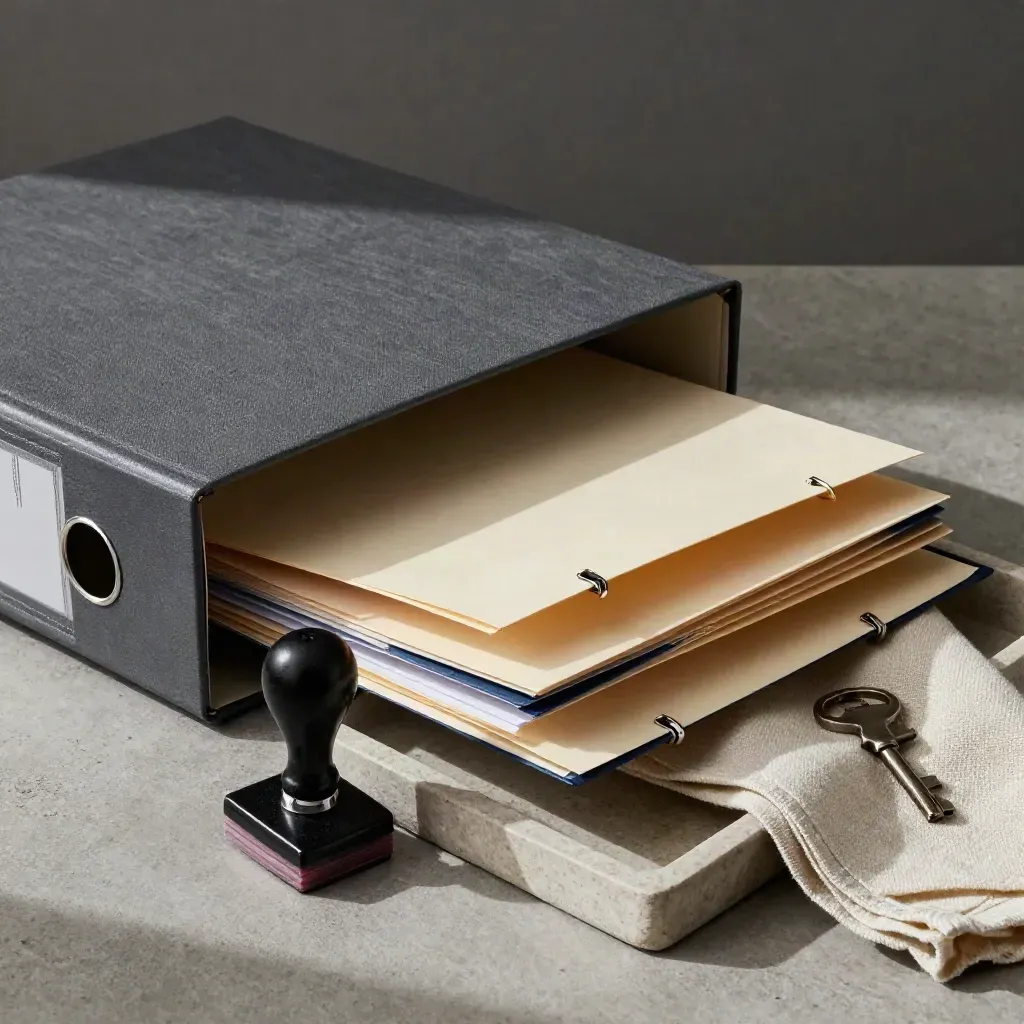 Opened archive box, case folders, rubber stamp and key on stone tray in soft side light.