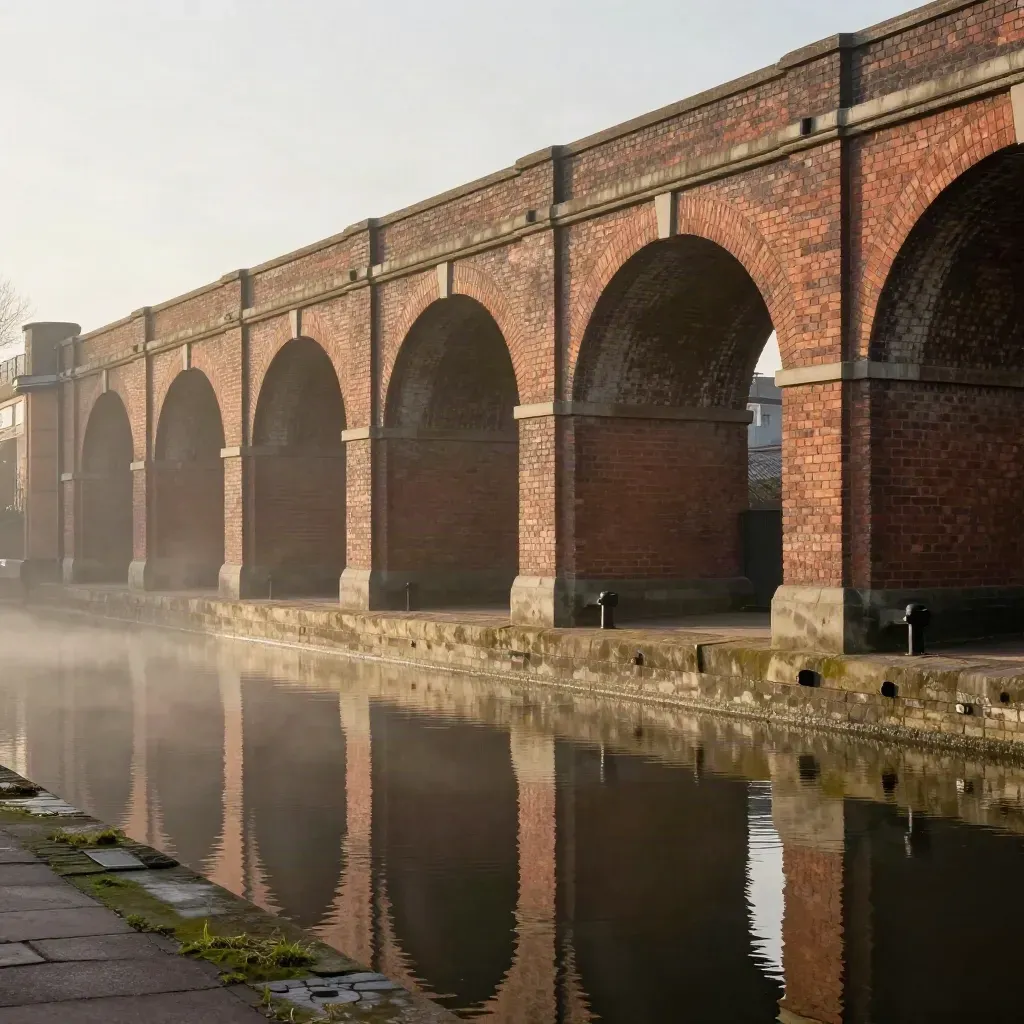 Birmingham canal basin and red-brick viaducts glowing over calm water at golden hour.